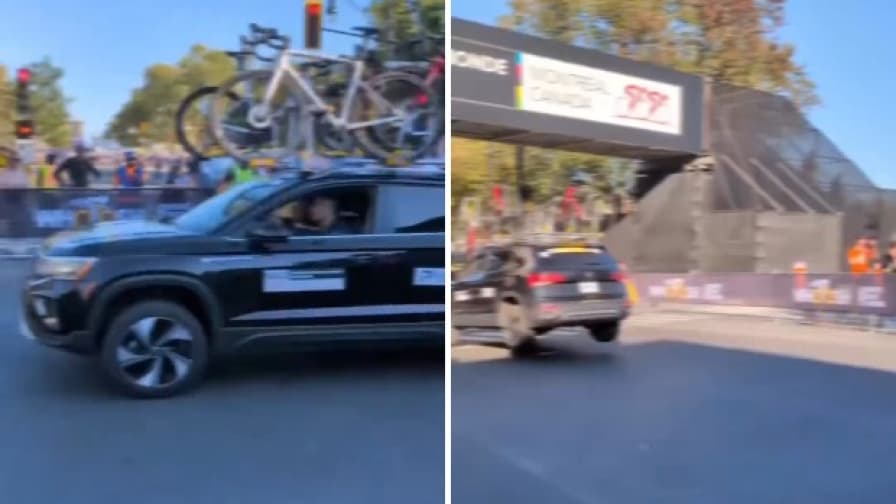 Ammiraglia sfreccia e decolla al mondiale di ciclismo: il volo è virale