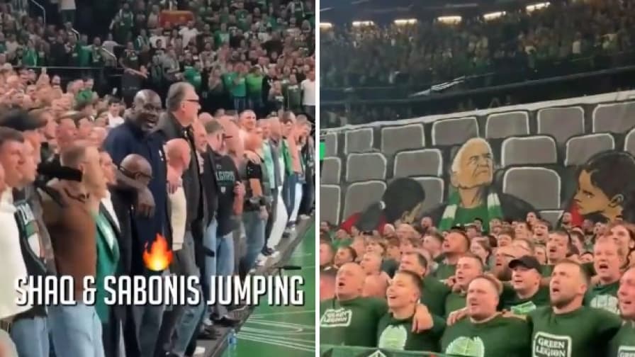 Eurolega, Shaquille O'Neal e Arvydas Sabonis saltano insieme ai tifosi del Zalgiris