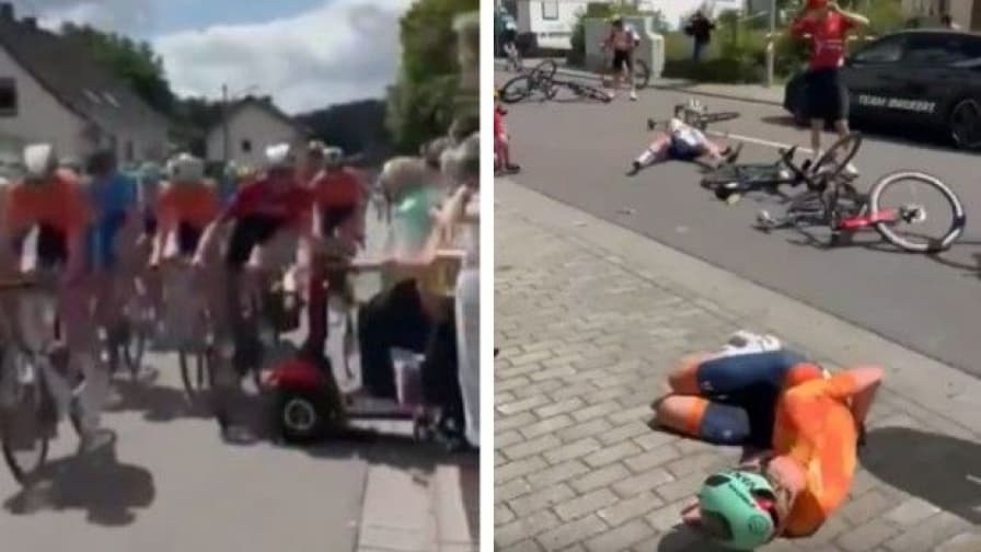 Ciclismo, anziana si butta in strada con uno scooter e provoca una maxi caduta