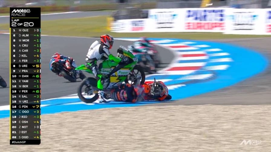 Terrore in Moto3, Cruces passa con la moto sopra Carpe: piloti illesi