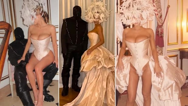 Bianca Censori a Versailles: corpetto lucido e piume per il compleanno di Kanye West