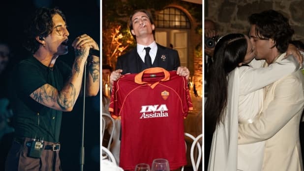 Damiano David posa con la maglia della Roma dopo il matrimonio con Dove Cameron